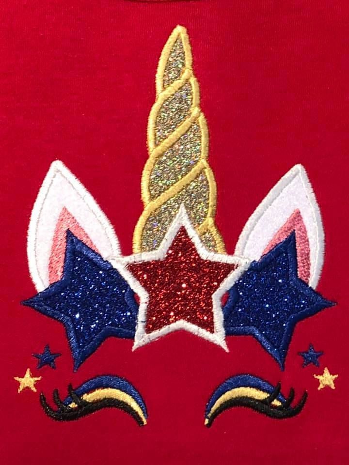 Pretty eyes Unicorn head with stars starred crown patriotic applique machine embroidery designs