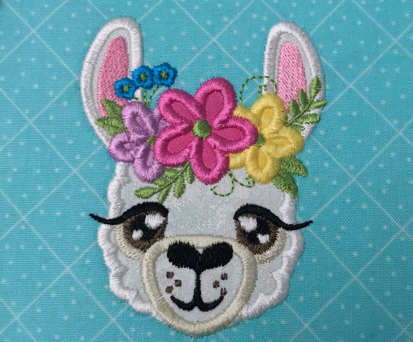 Llama alpaca face with shabby chic floral crown daisy applique machine embroidery designs