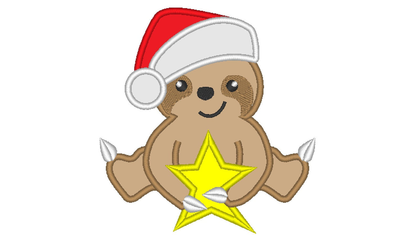 Santa hat Christmas Sloth Applique Embroidery 4" 4.5" 5" 6" 7" | PES DST JEF | Artapli