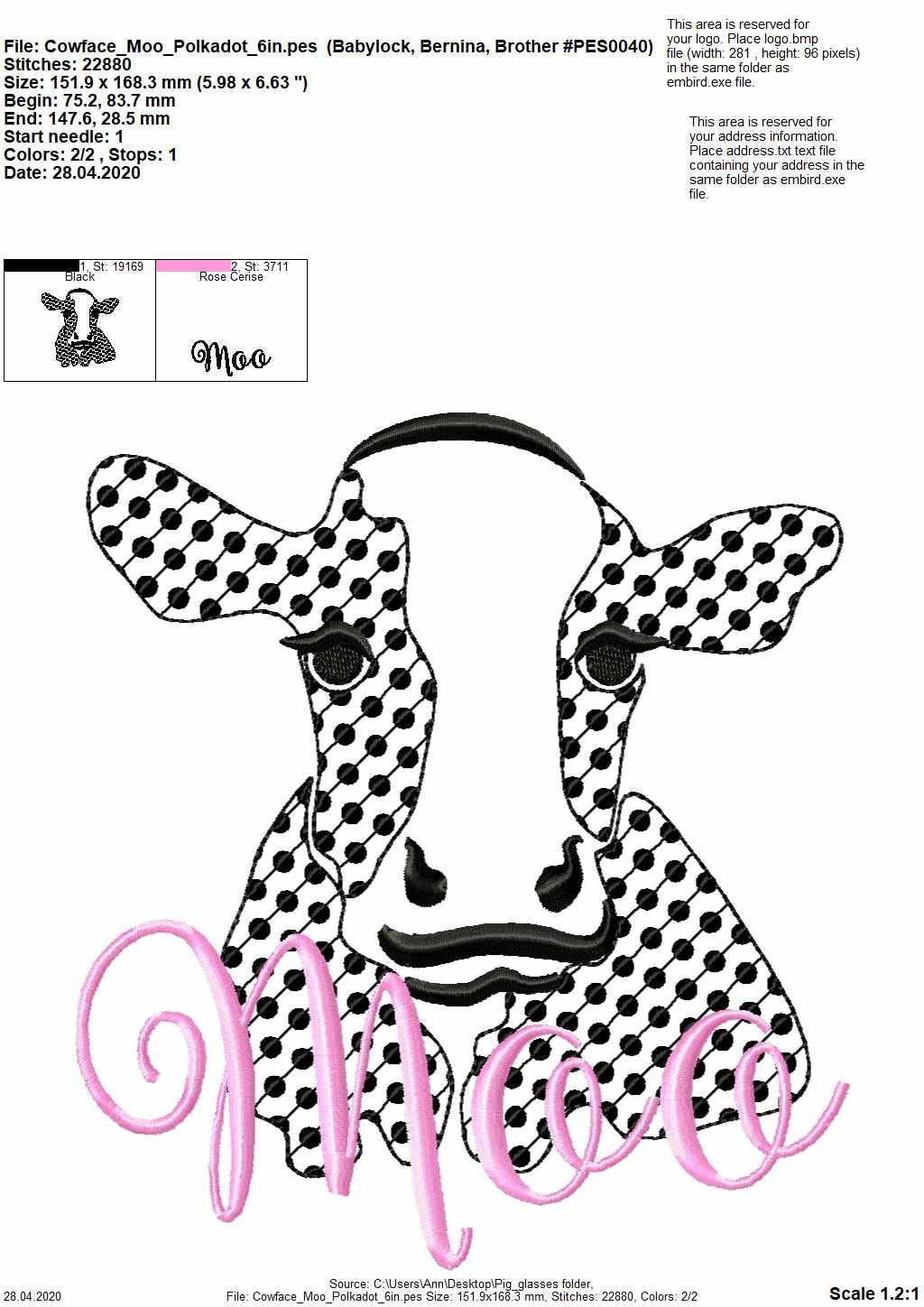Polka dot cow face – Animal machine embroidery design by Artapli