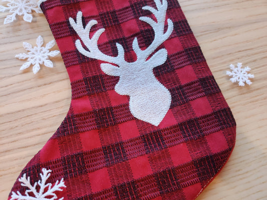 Buck Deer Gingham Plaid 2 Types Christmas Stockings With Cuff Advent Socks in the Hoop ITH Machine Embroidery Designs Quilted