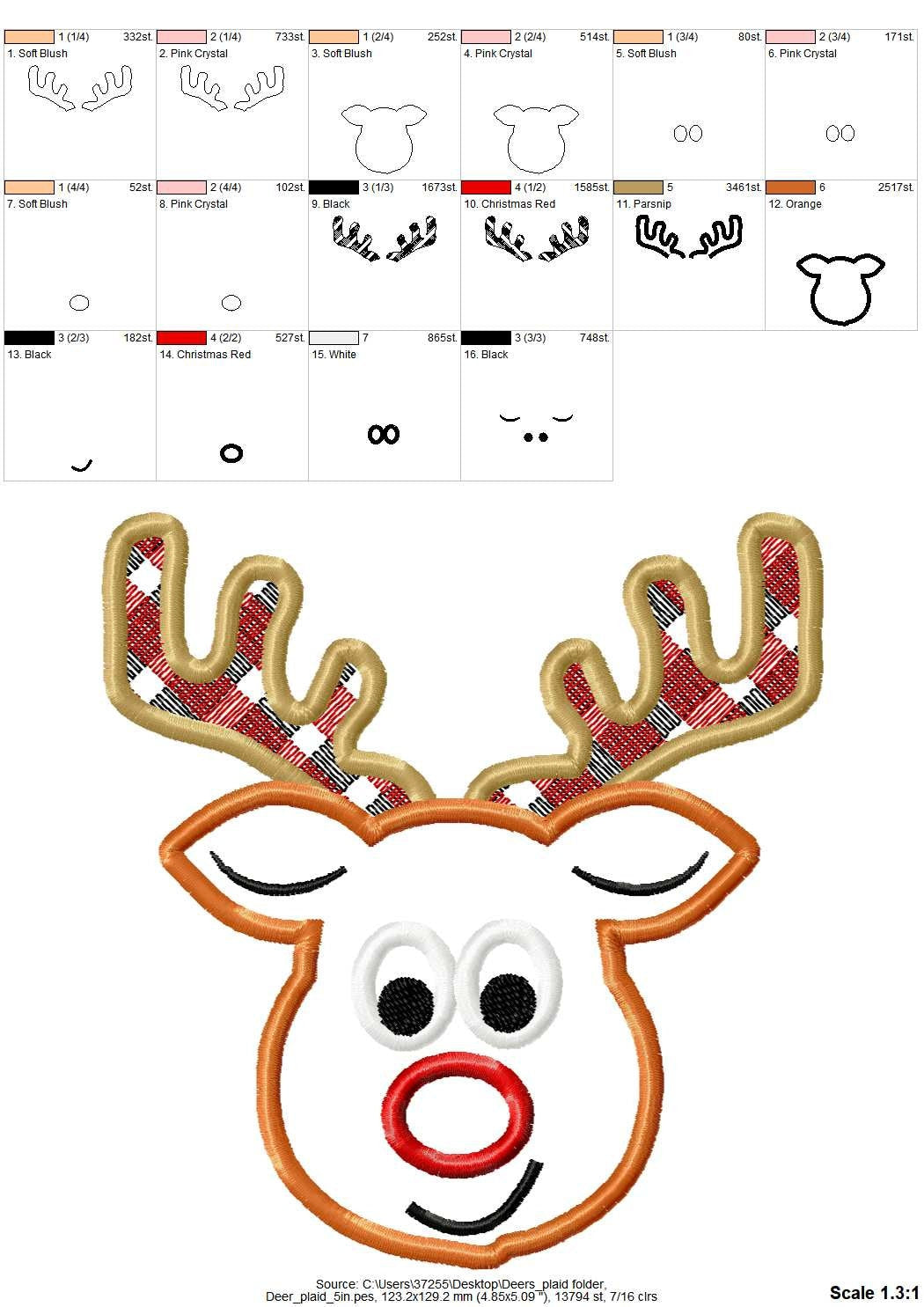 Reindeer applique Merry Christmas machine embroidery design Gingham plaid antlers Cute Deer Reindeer Boy