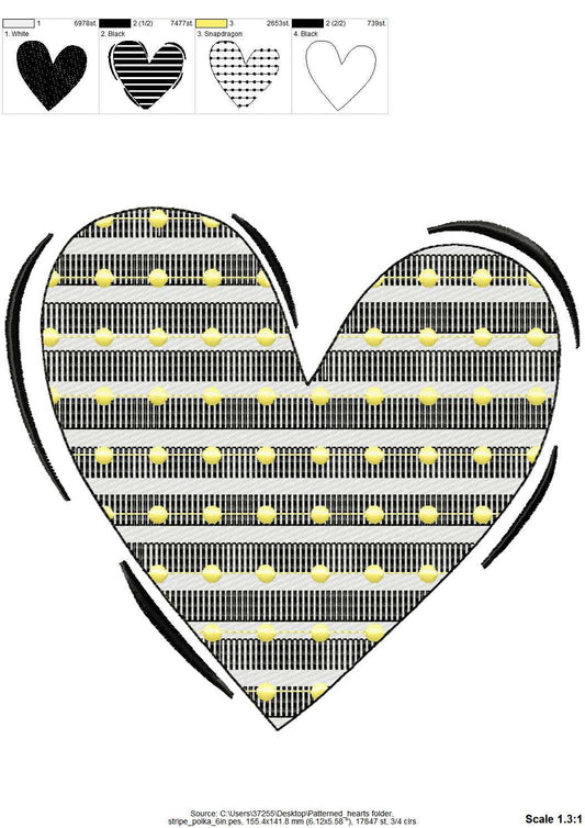 Valentine Love Heart in stripes and dots pattern, machine embroidery designs