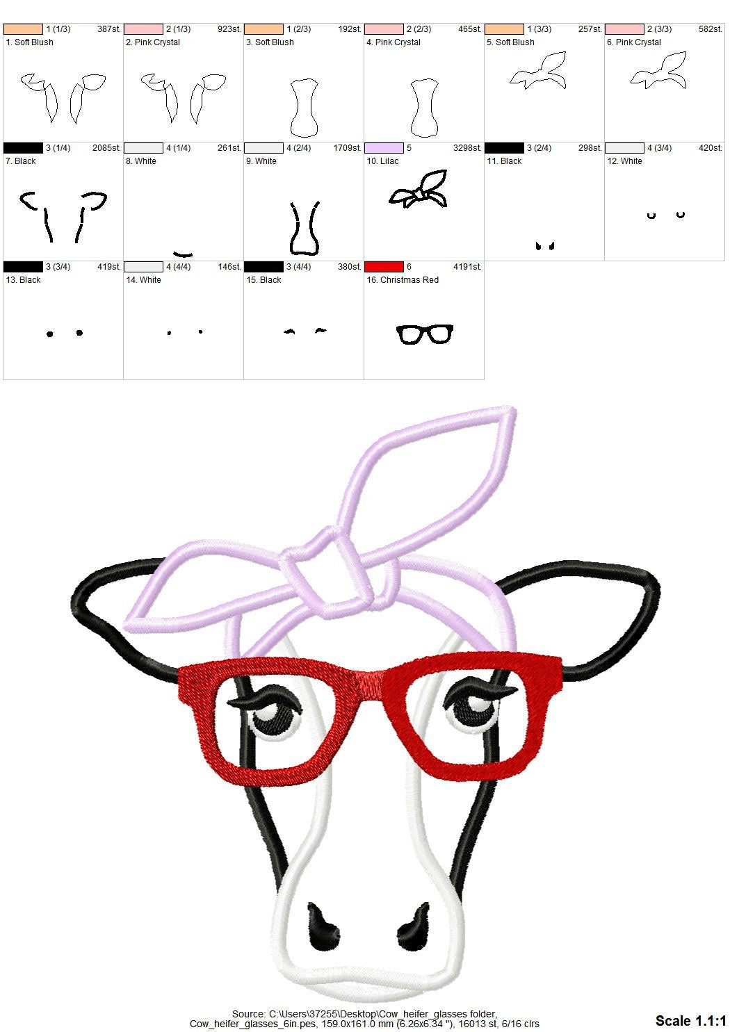 Cow face, cow head, cow with bandanna and glasses, farm animal heifer cow applique cute farm theme applique machine embroidery designs