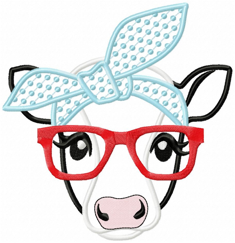 Cow face, cow head, cow with bandanna and glasses, Farm animal cow stylish applique, cowhandkerchief applique machine embroidery designs