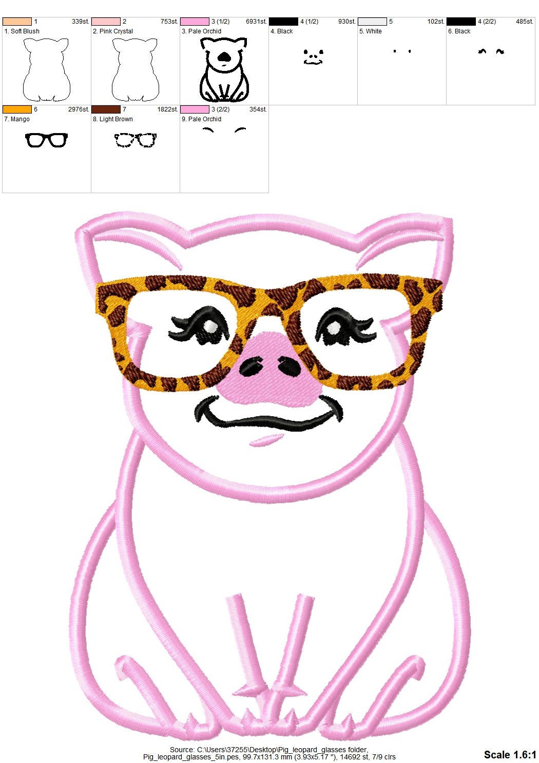Piggy Pig with Glasses – Sizes 4" 5" 6" 7" 10" Digital Embroidery File | Artapli
