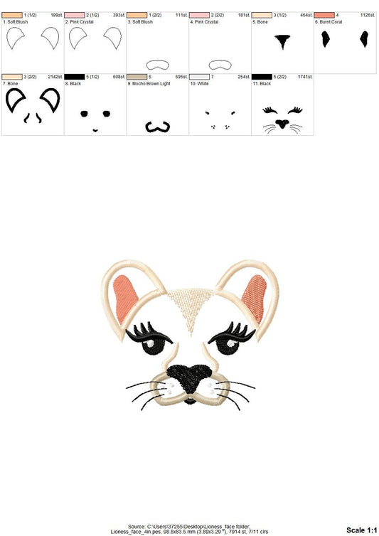 Lioness face applique machine embroidery designs applique lion embroidery lion girl head multiple sizes INSTANT DOWNLOAD cute wild animal