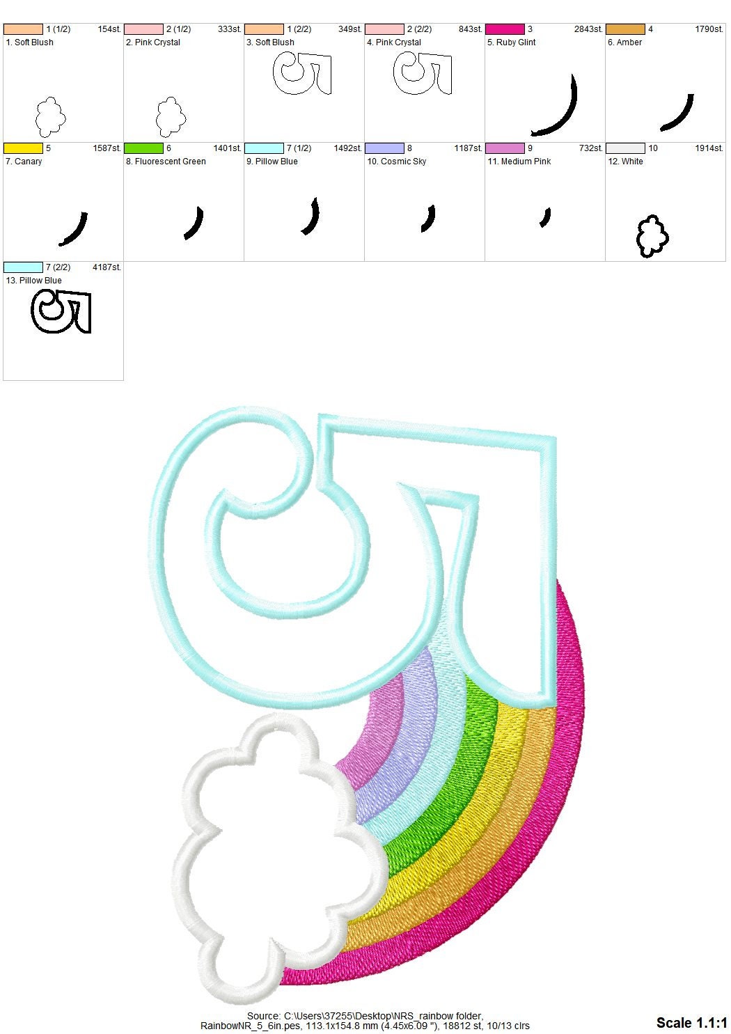 Rainbow in Cloud Birthday Number 5 Five – Appliqué machine embroidery design by Artapli
