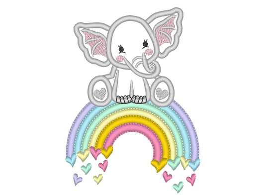 Cute Little Elephant applique and Rainbow falling hearts machine embroidery designs kids baby boy girl