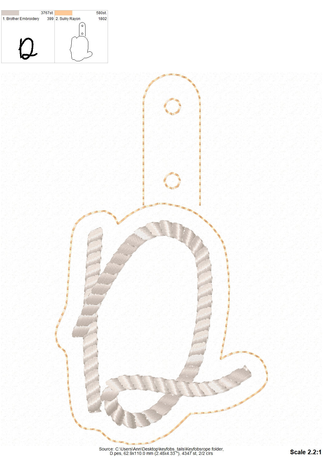 Rope Stitch Monogram Keychain ITH – Cowboy embroidery design by Artapli