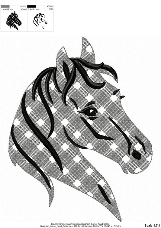 Gingham plaid checkered tartan Horse head light stitch Silhouette Machine embroidery designs for hoop 4x4, 5x7, 6x10 beautiful Horse farm