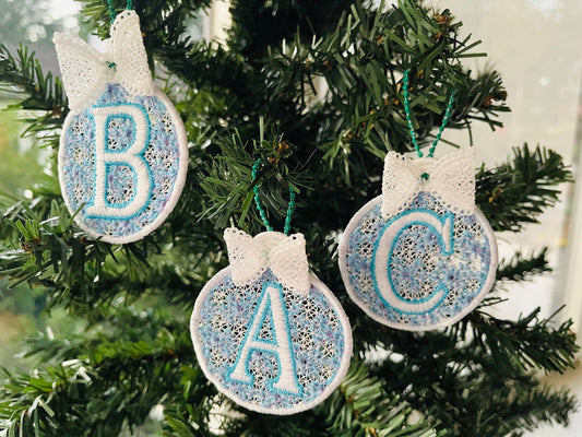 Christmas Alphabet monogram Ornaments and unique hanger bow ribbon FSL free standing lace SET Snowflake machine embroidery designs classic