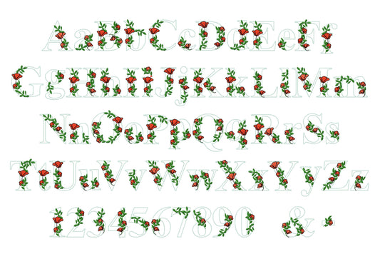 Light Poppy red Rose Floral Font Flower alphabet uppercase and lowercase letters initial monogram machine embroidery designs BX