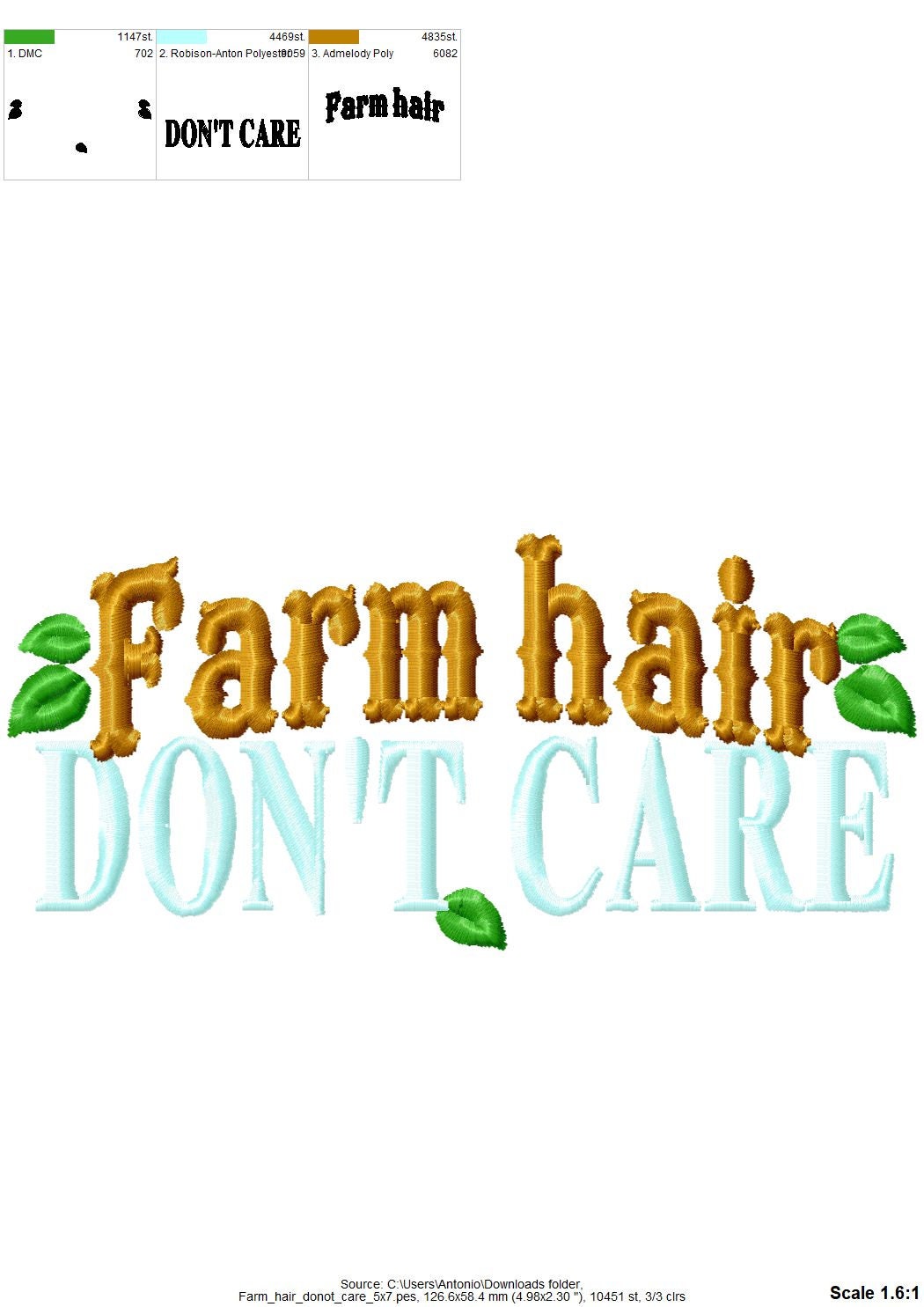 Farm hair don’t care, girly shabby chick summer saying – Sizes 4" 5" 7" Digital Embroidery File | Artapli