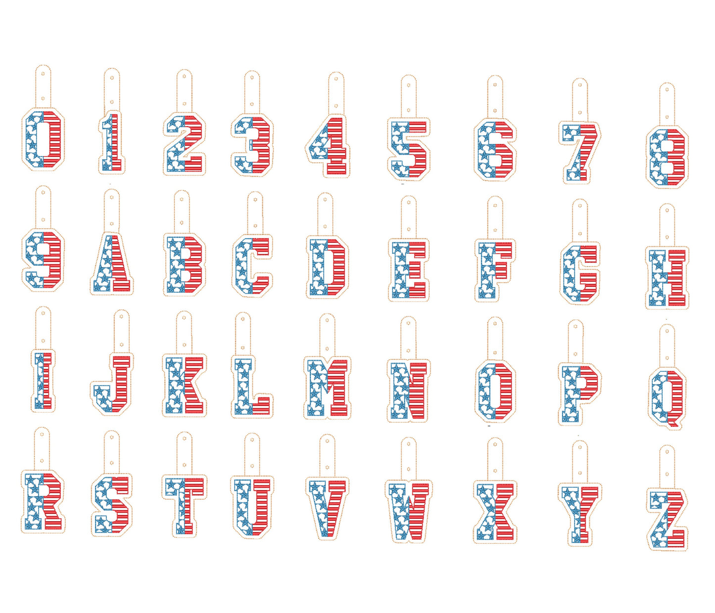 Patriotic 4th July American flag alphabet letters Key Fob Snap Tab ITH in the hoop machine embroidery designs hoop 4x4 5x7 keychain project