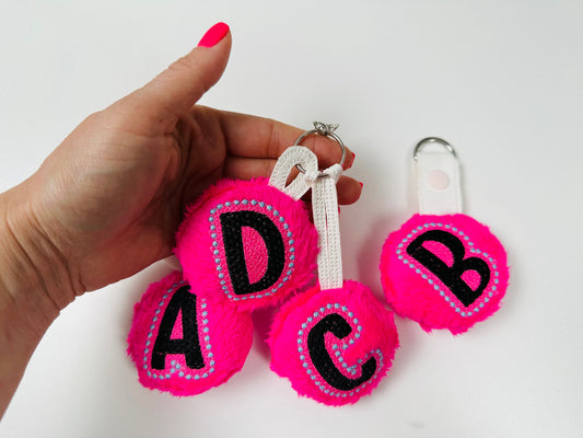 Minky fur fluffy Ball key fob snap tab keychain charm Monogram A-Z in the hoop ITH keyfob bag tag machine embroidery designs for hoop 4x4