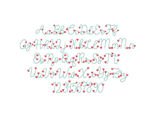 Heart Font puff bean stitch line Font machine embroidery designs assorted mini sizes handwritten script Valentine Font alphabet