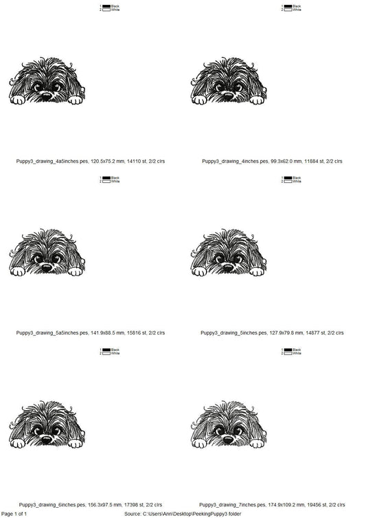 Peeking puppy head silhouette cute dog line art drawing sketch light stitch machine embroidery designs kids sweatshirt design