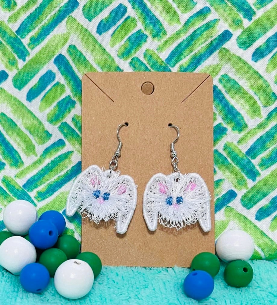 Cute Easter Bunny Earrings Fringed Fluffy Bunny Charm FSL Freestanding Lace Machine Embroidery Designs Kids Girls