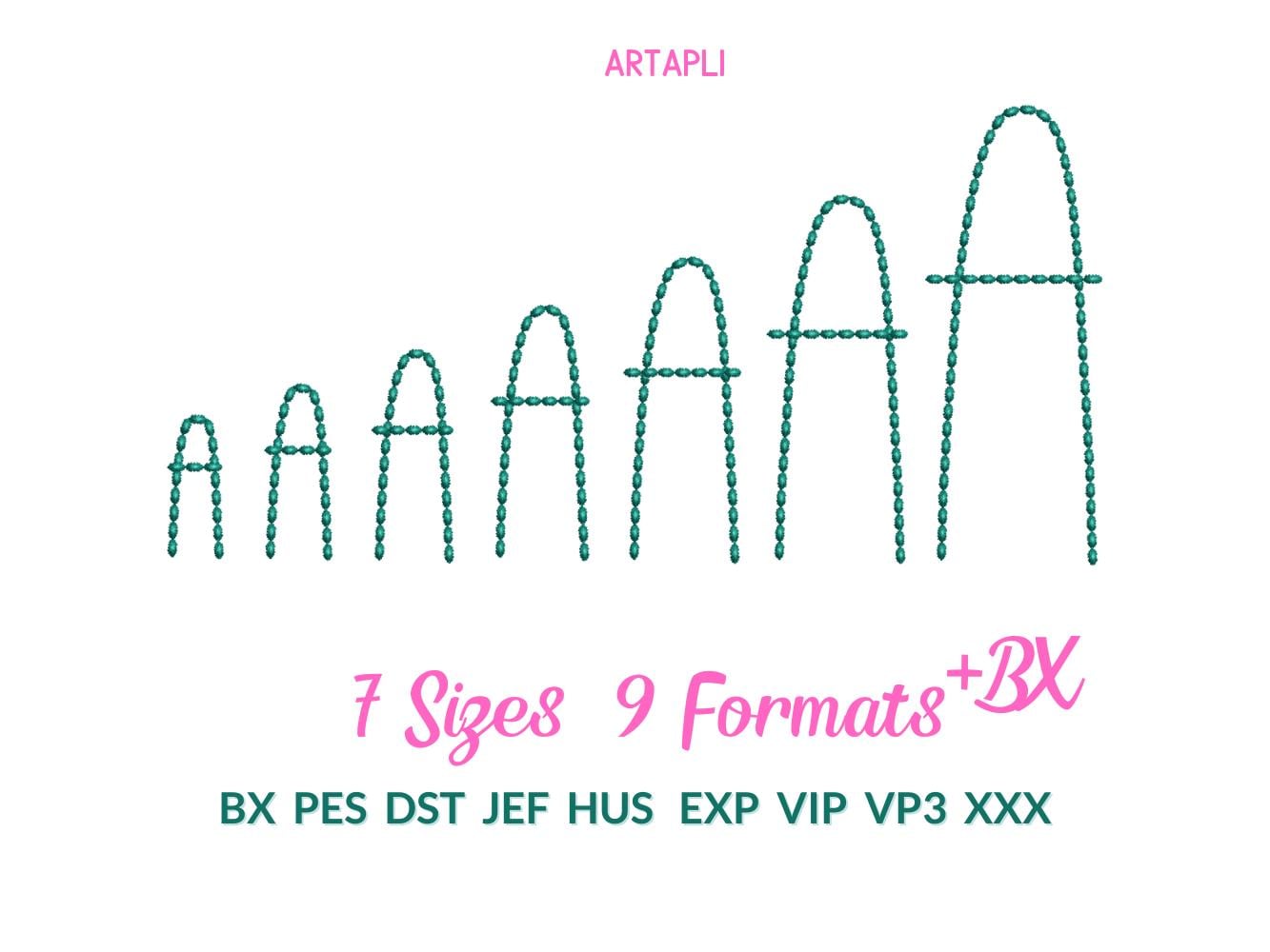 Hand stitch effect FONT machine embroidery designs in multiple sizes from 1 to 3.4 inches alphabet letters numbers seed bean stitch, BX incl