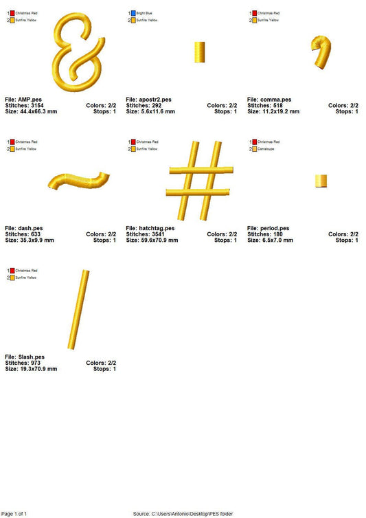 Punctuation characters Period Comma Slash Hashtag Ampersand Apostrophe Dash Accent Puff Embroidery font add on machine embroidery designs
