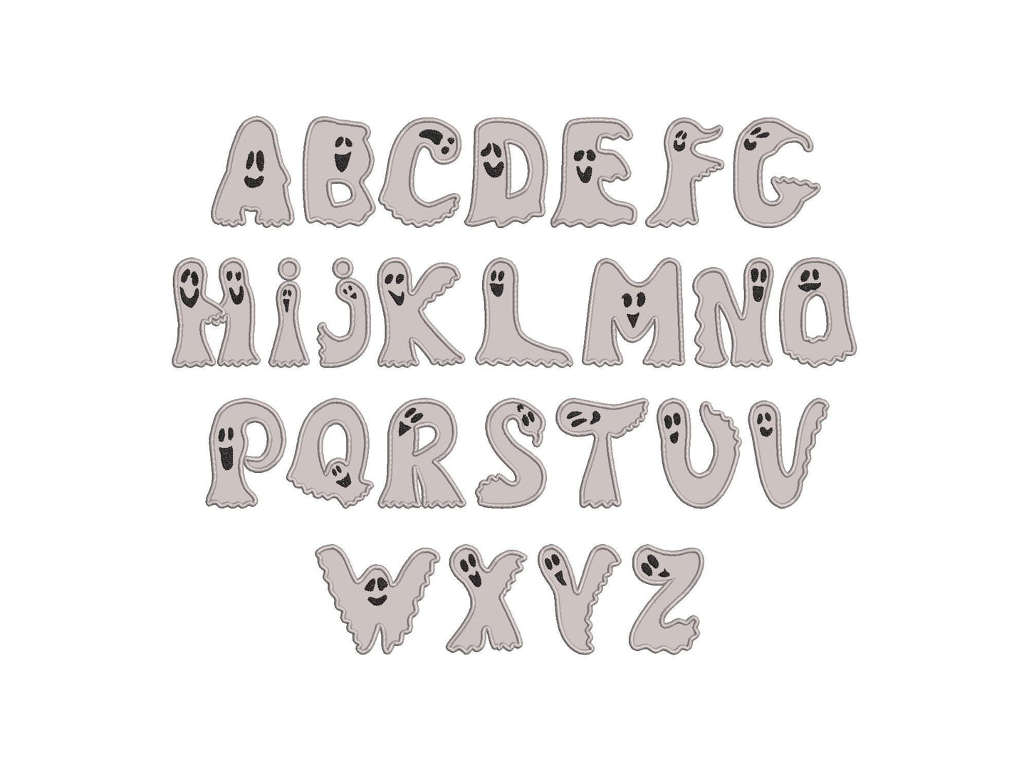 Ghost Font Applique machine embroidery designs Halloween alphabet monogram letters sizes 3 to 5.9in scary spooky Ghosts kids baby Boo and BX
