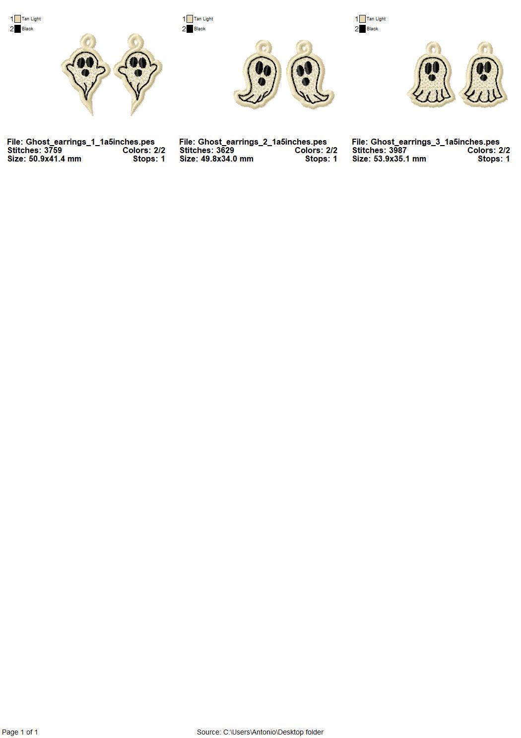 SET of 3 different Spooky Ghosts Halloween Earrings ITH in the hoop FSL freestanding lace machine embroidery designs Ghost girls outfit