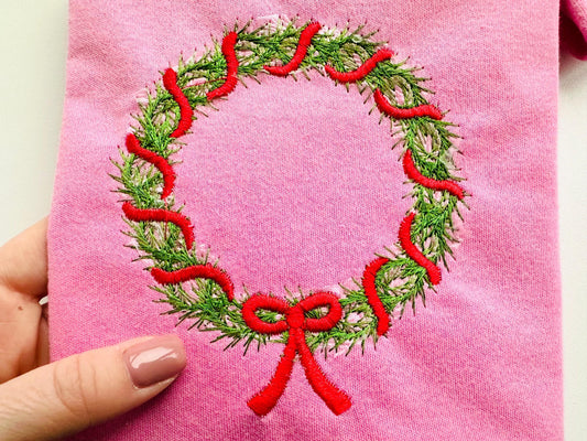 Merry Christmas Wreath with Bow sweet home Holiday decoration with ribbon festive machine embroidery designs sizes 4 up to 5.5 inch
