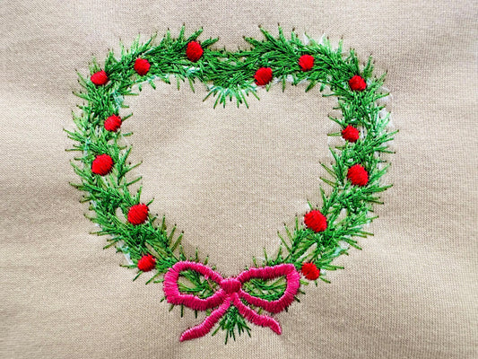 Merry Christmas Heart Wreath with Bow sweet home Holiday decoration with ribbon festive machine embroidery designs sizes 4, 4.5, and 5 inch