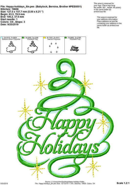 Happy Holidays Christmas tree outline machine embroidery designs swirl curl sparkling Merry Christmas design