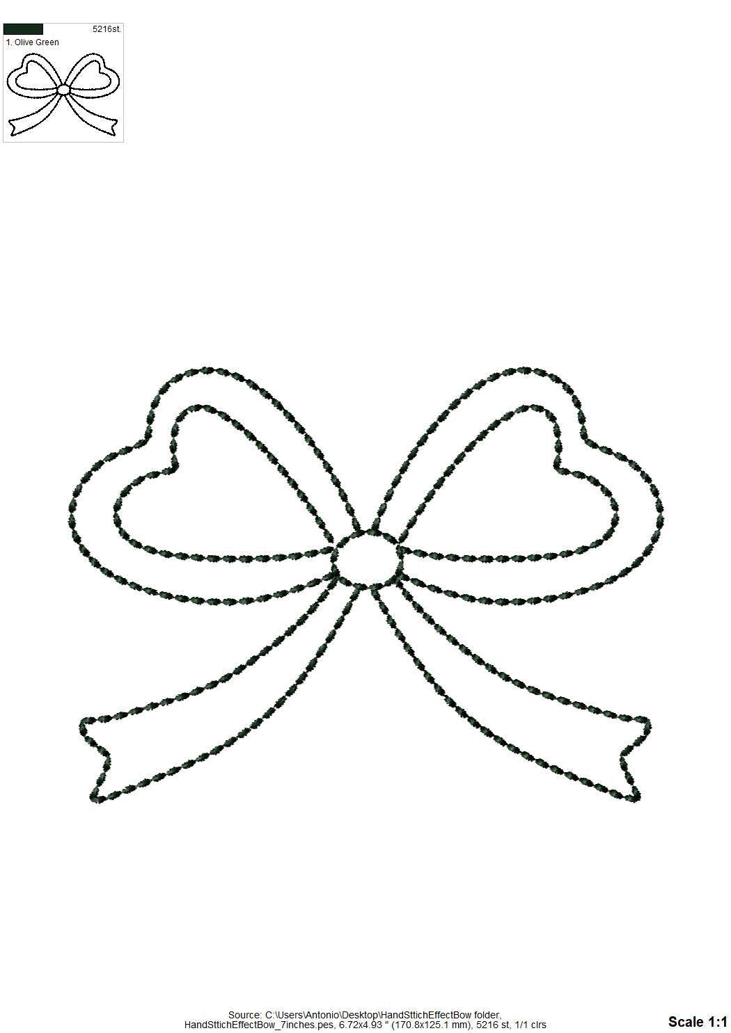 Hand stitch effect Bow outline machine embroidery designs sizes 4 up to 7 inch kids girls baby Bow Ribbon silhouette seed stitch design