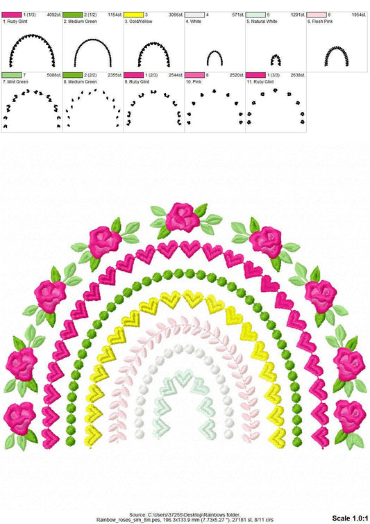 Delicate Roses Floral Rainbow Boho Shabby Chic Machine Embroidery Designs Assorted Sizes Girly Pretty Rainbow Rose Flower Heart Pearl