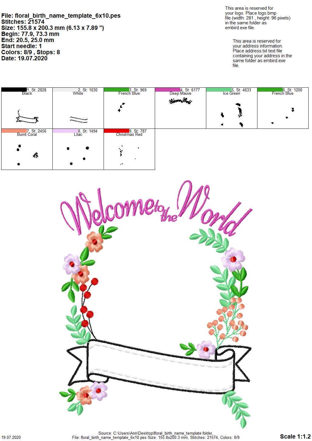 Floral Baby Birth Announcement monogram frame with banner and mini Font SET machine embroidery designs