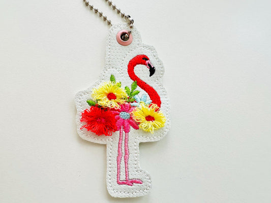 Fringed floral Flamingo Eyelet and key fob snap tab in the hoop machine embroidery designs pretty bird ITH project kids girls keychain tag