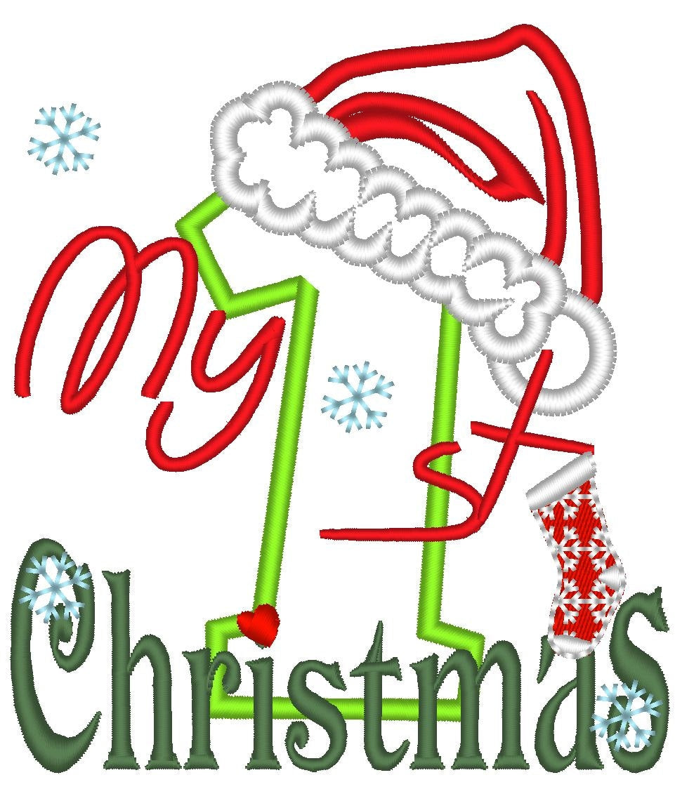 My 1st Christmas Applique With Santa Hat Number One 1 Baby Machine Embroidery Designs