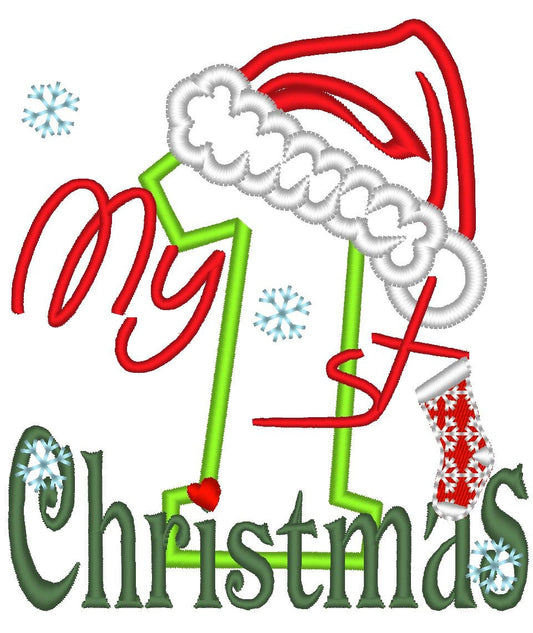 My 1st Christmas Applique With Santa Hat Number One 1 Baby Machine Embroidery Designs