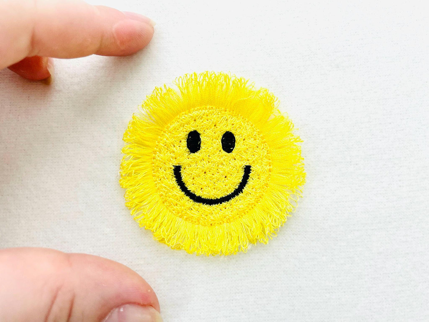 Small Fringed Happy Face, with Chenille effect fuzzy happy face fringe in the hoop ITH machine embroidery designs sweatshirt cozy vibes - image 1