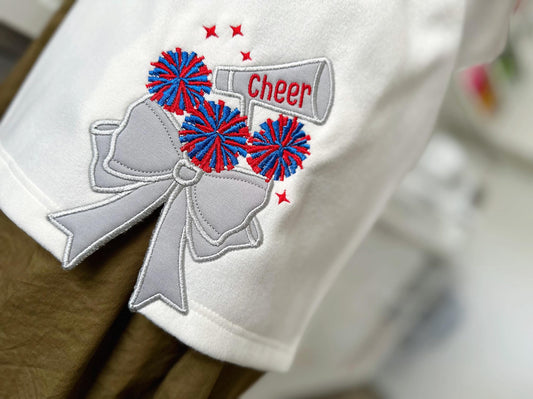 Cheer Sports Cheerleader pompoms easy to do Megaphone Bow Applique side seam Bow machine embroidery designs split seam Girly t-shirt - image 2