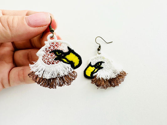 Fringed Bald Eagle fluffy tiny earrings or charm in the hoop FSL freestanding lace fluffy machine embroidery designs size approx 1.5 inch - image 2