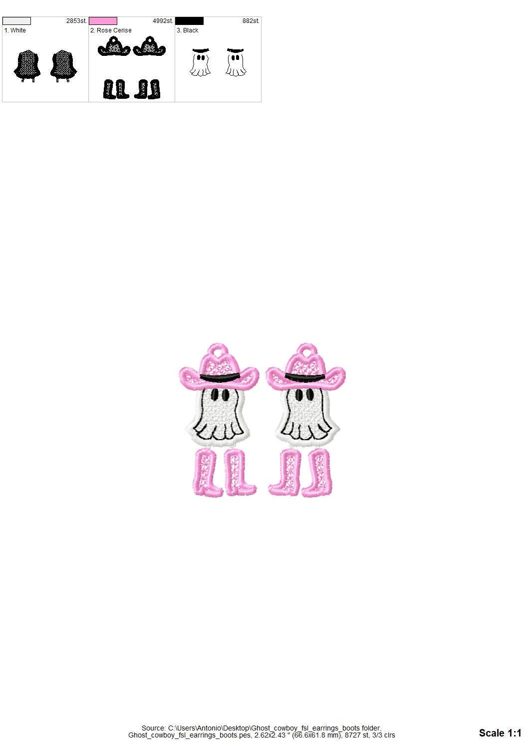 Adorable Ghost Cowboy Hat and Boots charm earrings FSL freestanding lace machine embroidery designs kids girls Halloween design in the hoop - image 8