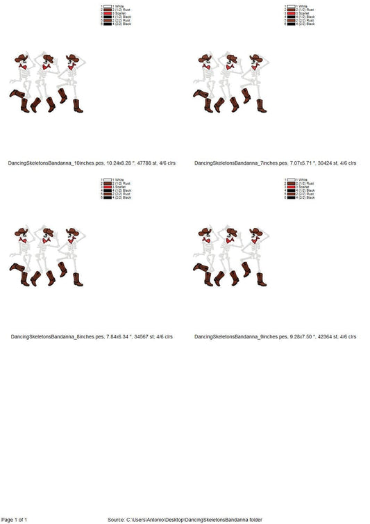 Dancing Skeletons Cowboy Hat Bandanna Skeleton Halloween machine embroidery designs many sizes 7 up to 10 inches kids boys spooky design