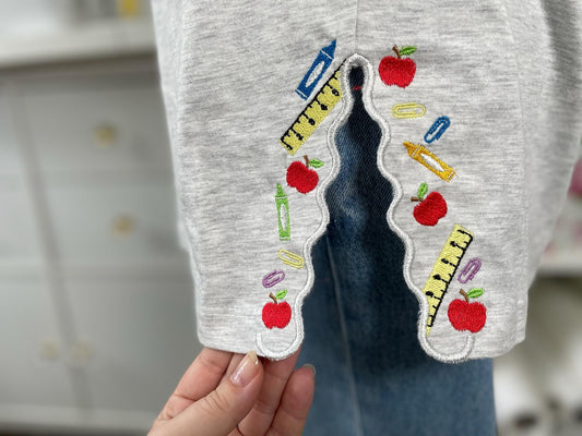 Back to School Teacher Tools split side seam cutout side bow machine embroidery designs kids sweatshirt t-shirt outfit Ruler Apple Crayon - image 2