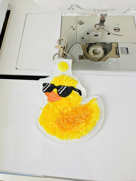 Fringed Rubber Duck Sun Glasses Eyelet and Key Fob Snap Tab in the hoop machine embroidery designs ITH project fluffy bath duck kids bag tag - image 2