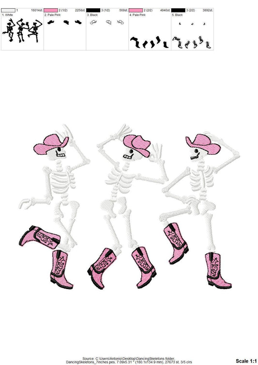 Dancing Skeletons Cowboy Hat Boots Cowgirl Skeleton girls Halloween machine embroidery designs sizes 7 up to 10 inches kids spooky design - image 2