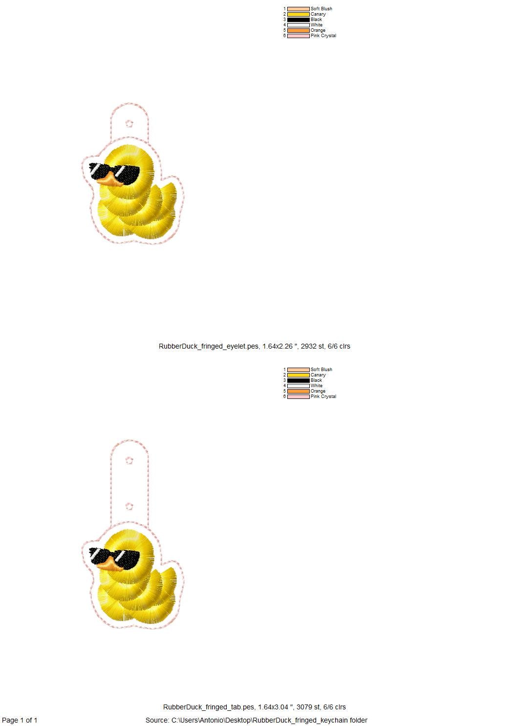 Cute Fluffy Rubber Duck Sunglasses fringed Eyelet and Key Fob Snap Tab in the hoop machine embroidery designs ITH kids keychain for hoop 4x4