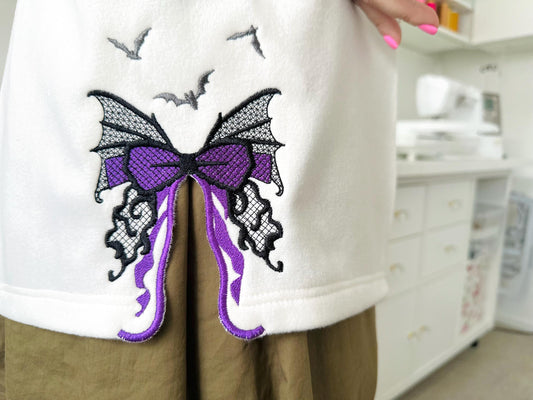 Halloween Spooky Bow split side seam cutout side bow fill stitch and lace effect machine embroidery designs girls t-shirt sweatshirt design - image 2