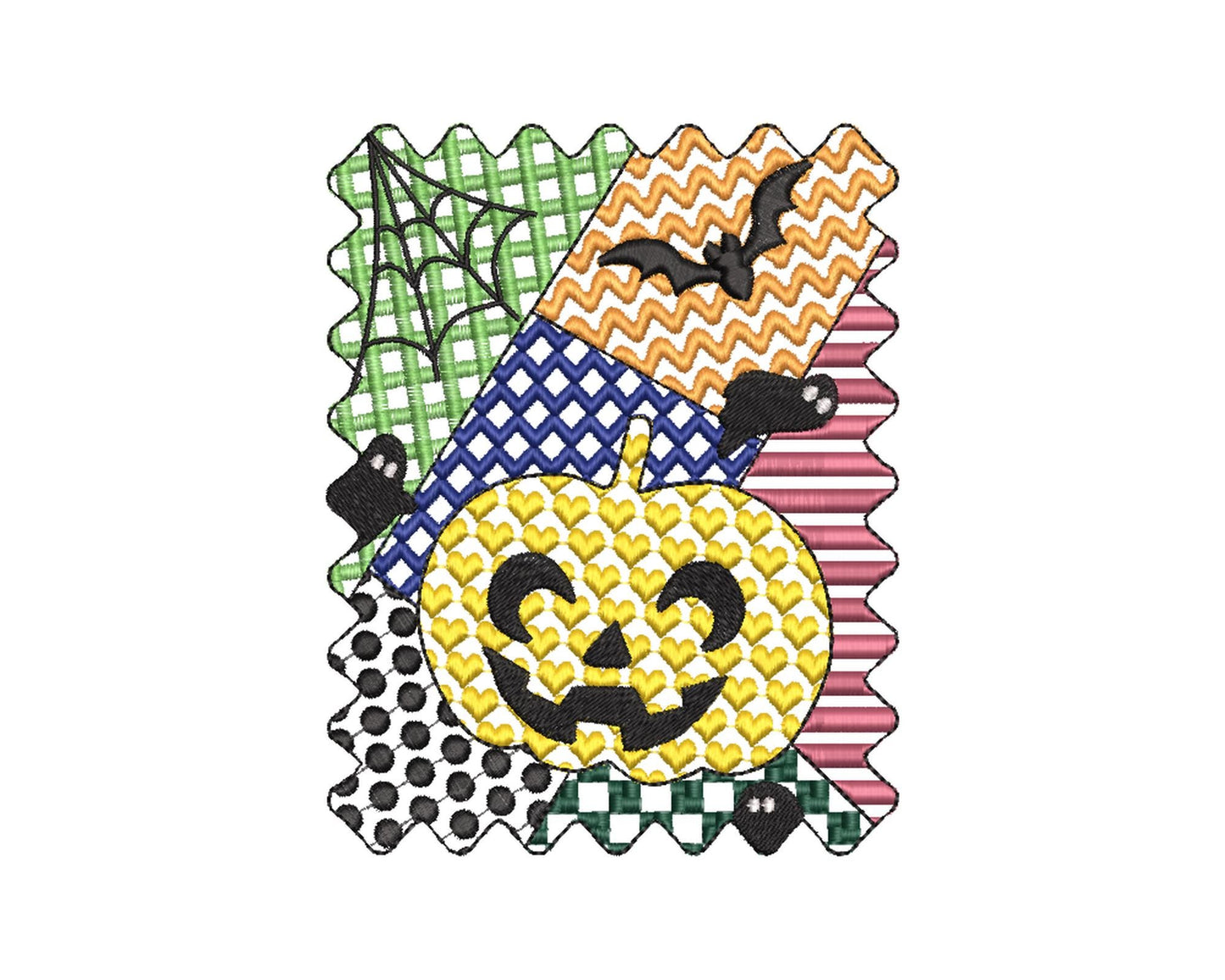 Halloween Pumpkin patchwork patterned Jack-o-Lantern machine embroidery designs sizes 4 up to 7 inch scary spooky design Bats and Spider Web - image 6