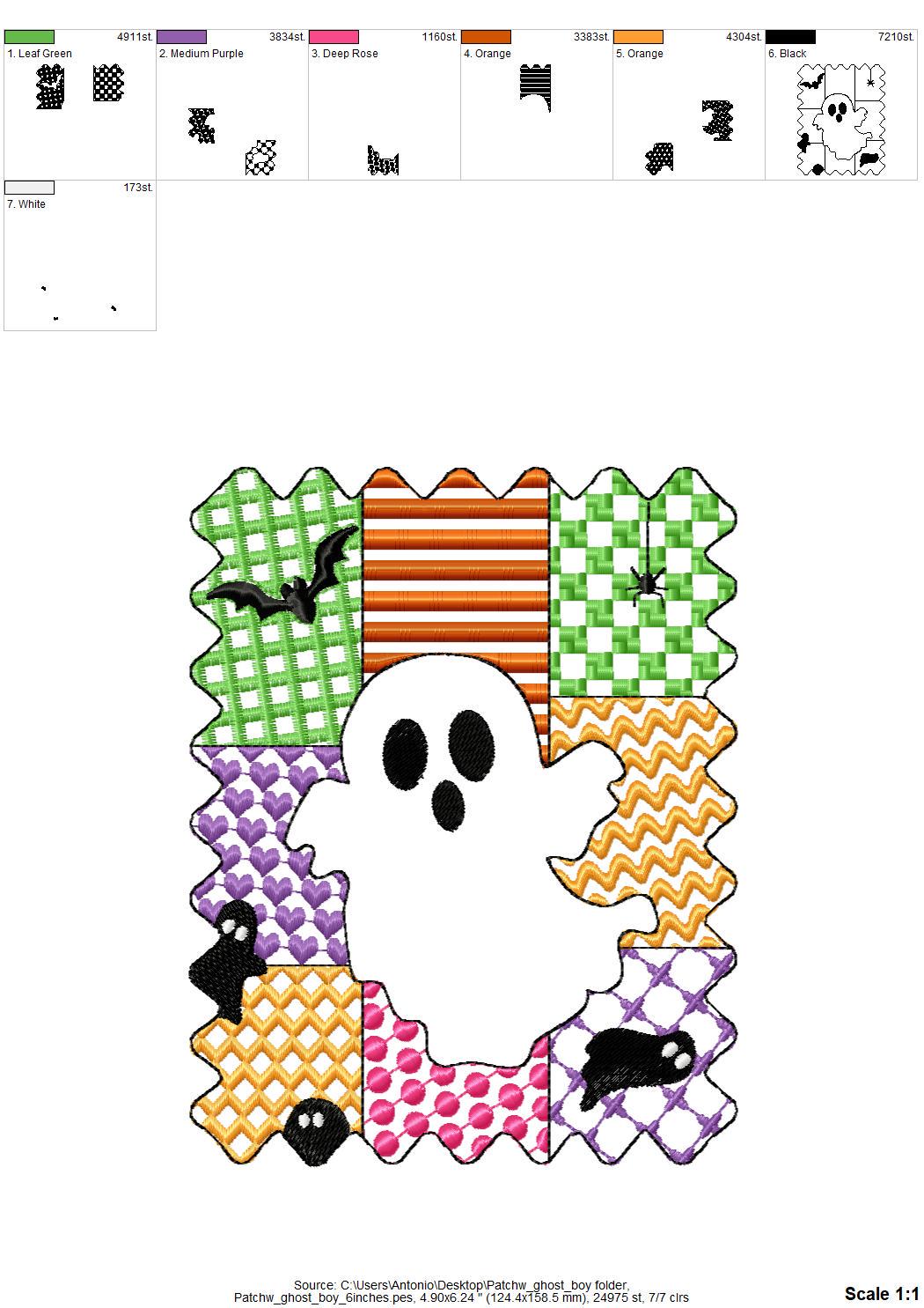 Halloween Ghost Boy patchwork patterned cute Ghost kids boys machine embroidery designs sizes 4 up to 7 inch scary spooky design - image 4