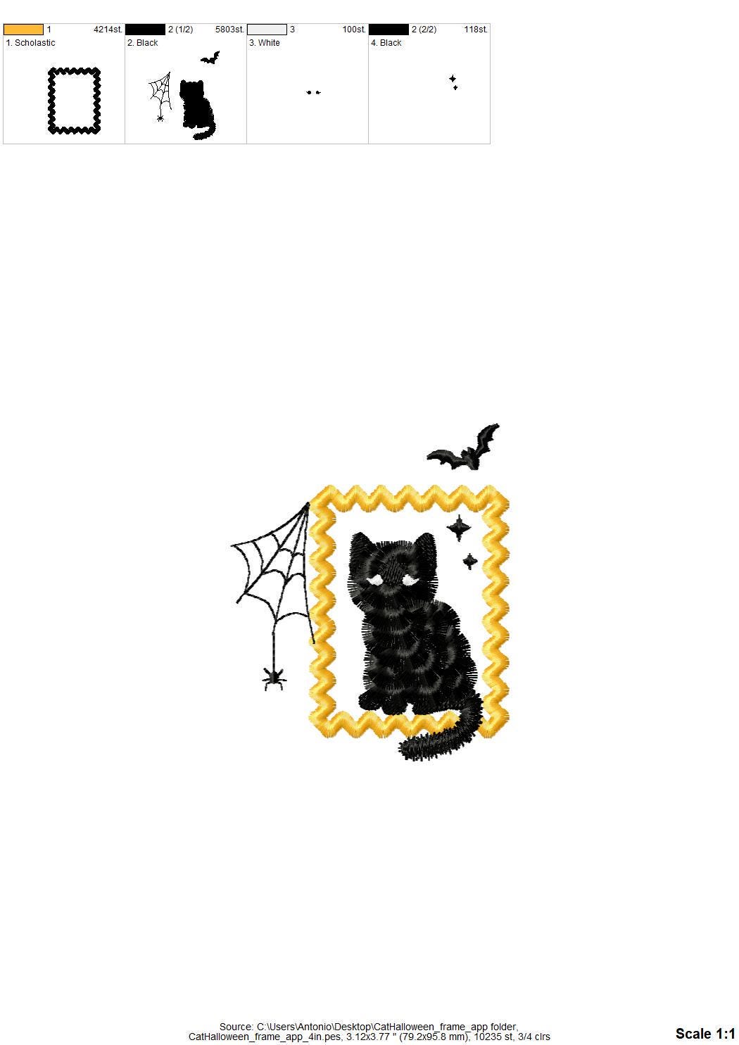 Halloween Kitty Cat with Spider Web and Bat in Frame machine embroidery designs sizes 4 up to 5.5 inch kids baby girls scary spooky Kitten - image 8