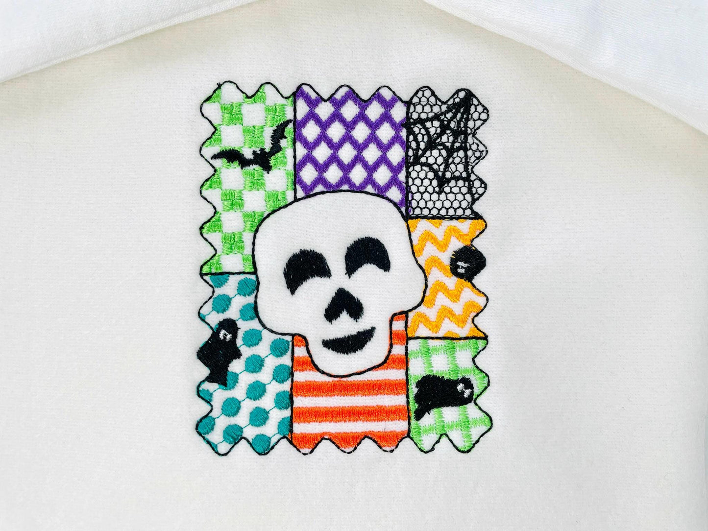 Halloween Skull patchwork patterned Skull Bat Ghost Spider Web machine embroidery designs sizes 4 up to 7 inch scary spooky design - image 2